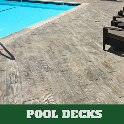 Evanston stamped concrete pool surround with a wood grain finish.